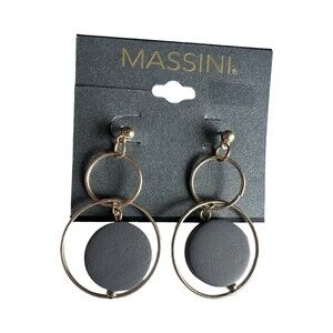 Massini Circular Drop Dangle Earrings Gold Tone Grey Wooden Discs Posts NEW